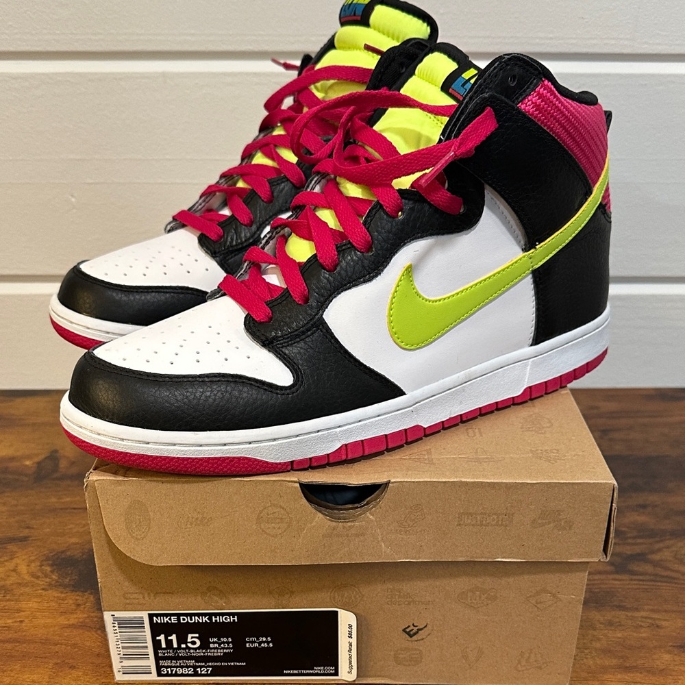 Nike Dunk High Men’s Sneakers - Black, White, Pink, Yellow 11.5